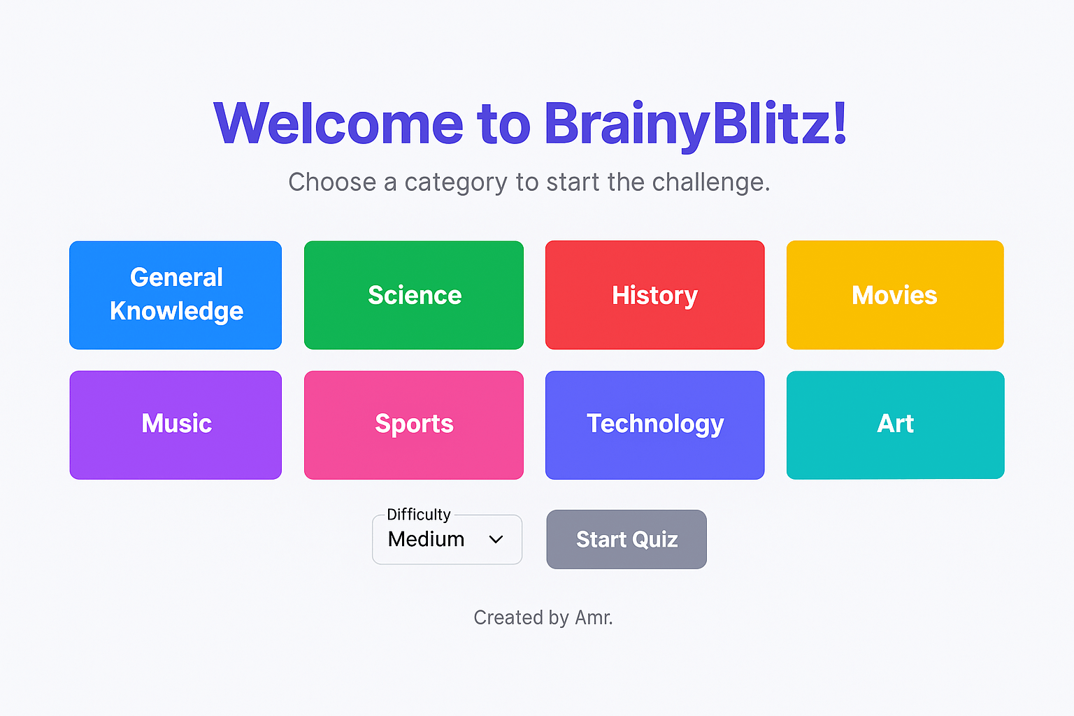 A screenshot of the homepage for BrainyBlitz