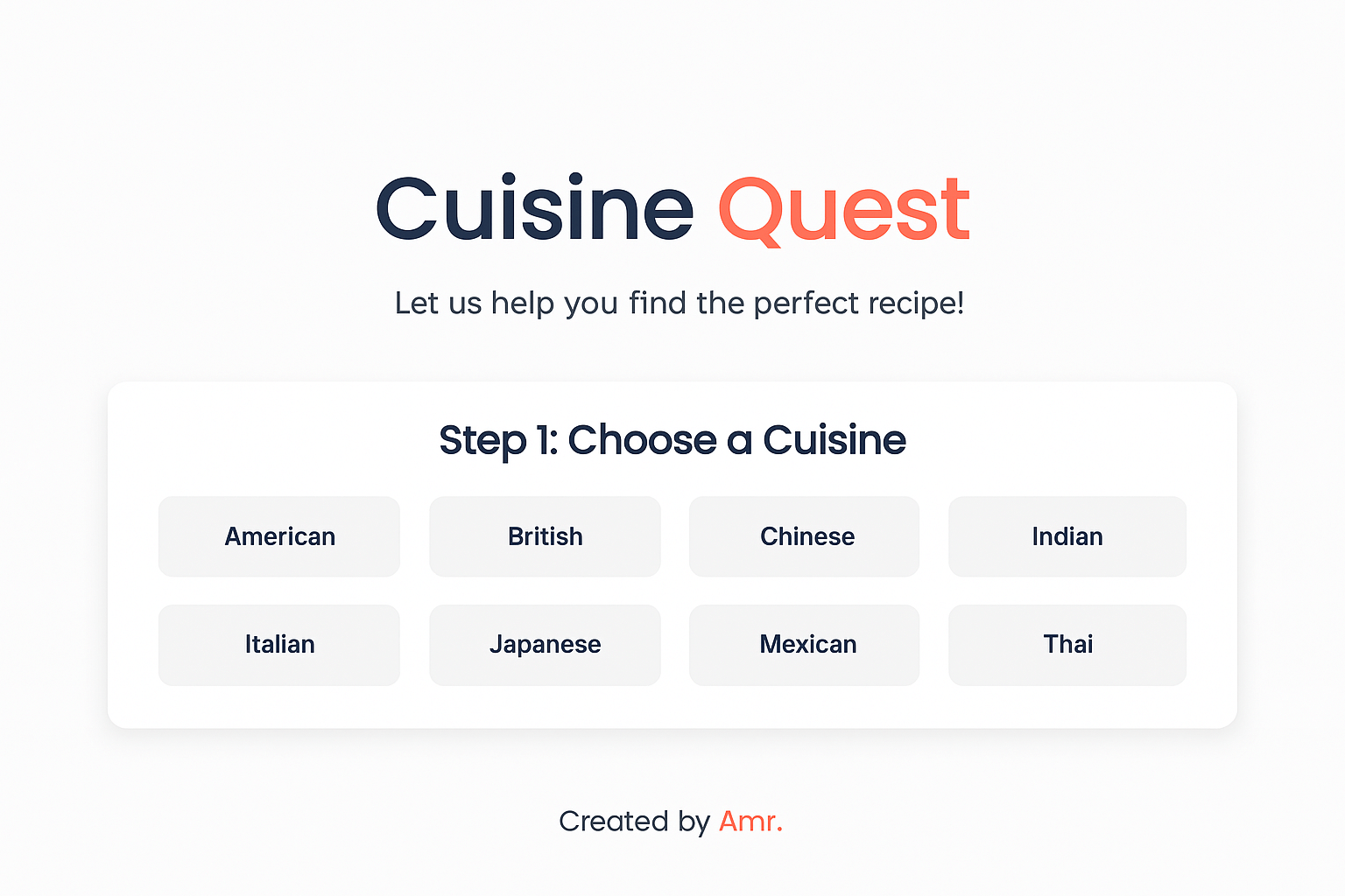 A screenshot of the homepage for Cuisine Quest